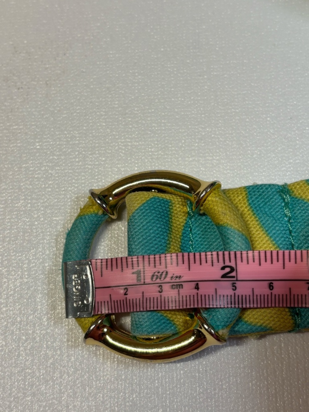 J. Crew Aqua Blue & Lime Green Printed Linen Belt Gold Horseshoe Buckle Medium - Picture 6 of 8